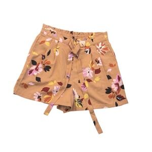 DR2 Womens Floral Paperbag Waist Shorts Tan Pink Yellow Boho Belted Size M